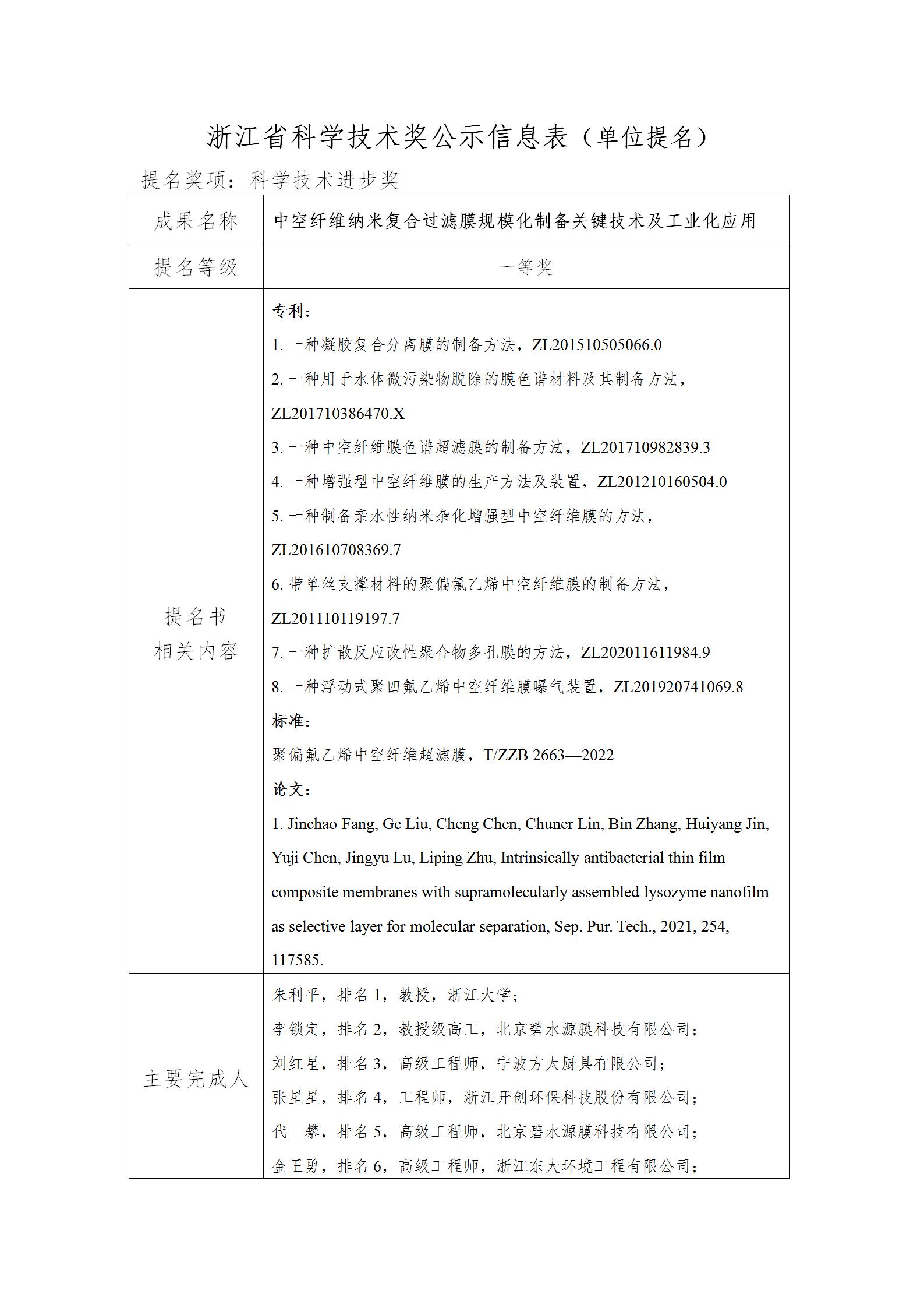 关于参与2022年浙江省科学技术奖提名的公示